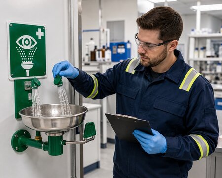 Safety Technician Testing Emergency Eyewash Station in Laboratory