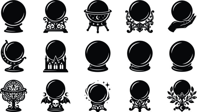 Collection of mystical crystal ball icons for halloween fortune telling and magic divination design elements