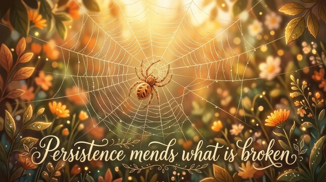 Spider on a dew-kissed web in a vibrant garden at sunrise, symbolizing persistence and hope with inspiring quote "Persistence mends what is broken"
