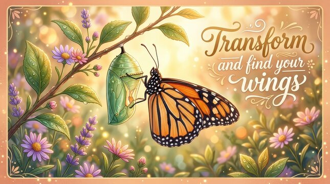 Monarch butterfly emerges from chrysalis on a flowering branch, symbolizing transformation and finding your wings, with golden light and bokeh effect