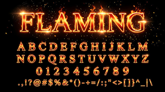 Fiery alphabet font set with flaming letters and numbers for banner design