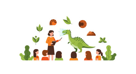 Fototapeta premium Teacher Teaching Paleontology with Augmented Reality Dinosaur to Children Students Vector Illustration