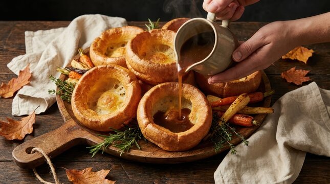 Person pouring warm gravy into golden Yorkshire puddings on a platter