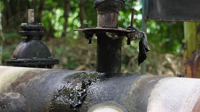 Crude oil leak from industrial wellhead equipment