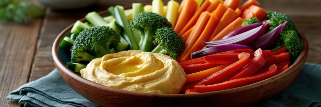 Assorted vegetable platter with hummus in round wooden bowl