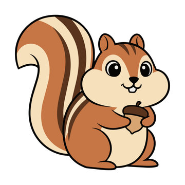 Charming cartoon chipmunk with expressive eyes and bushy tail holds an acorn, rendered in a bold, clean style, isolated on white. Cute animal character concept