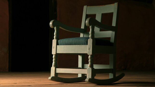 Old green-painted wooden rocking chair with cushioned seat sits on wooden floor in dim rustic interior, suited for vintage farmhouse decor and home styling photography