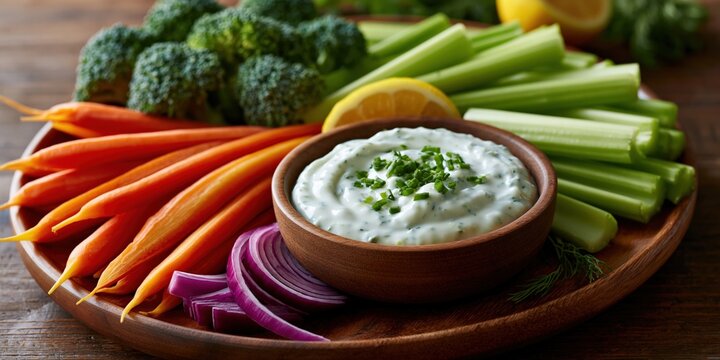Wooden board with assorted vegetables and creamy dip