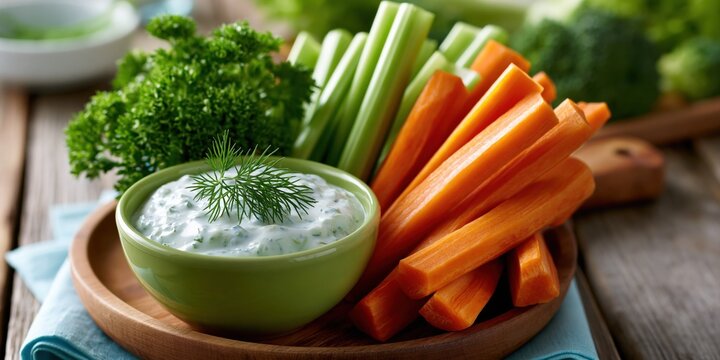 Vegetable platter with creamy herb dip on wooden board