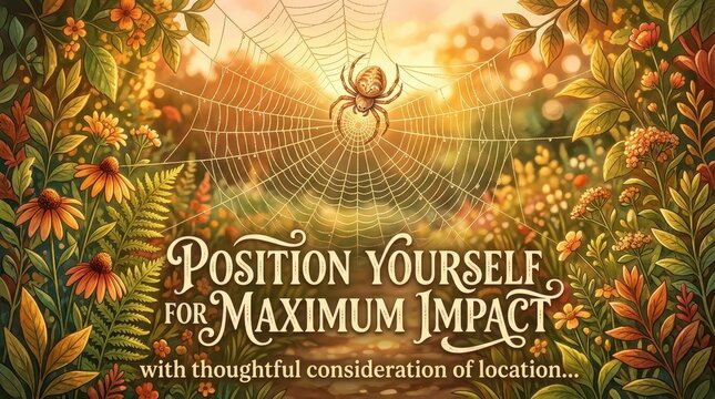 Spider on web in a lush garden setting, with text "Position Yourself for Maximum Impact" promoting strategy and planning