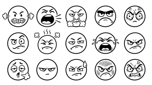 Hand-drawn vector cartoon set of angry and frustrated emoji faces expressing negative emotions