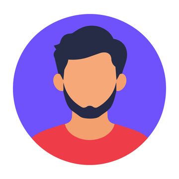 Male vector avatar icon with beard and red shirt on purple background