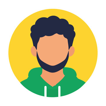 Male vector avatar icon with beard and green hoodie on yellow background