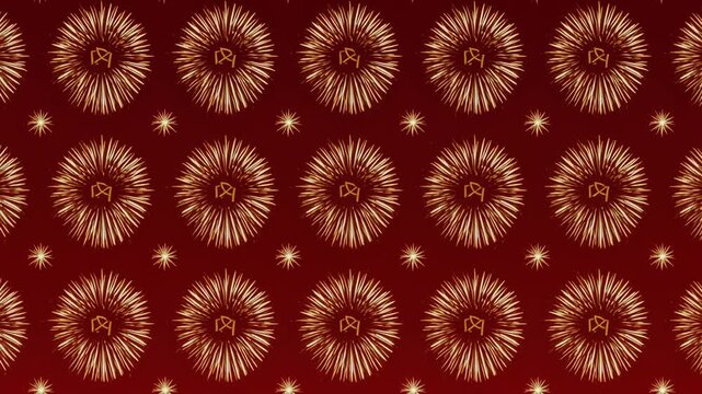 Intricate gold floral patterns on deep red fabric moving in seamless waves during a luxurious event