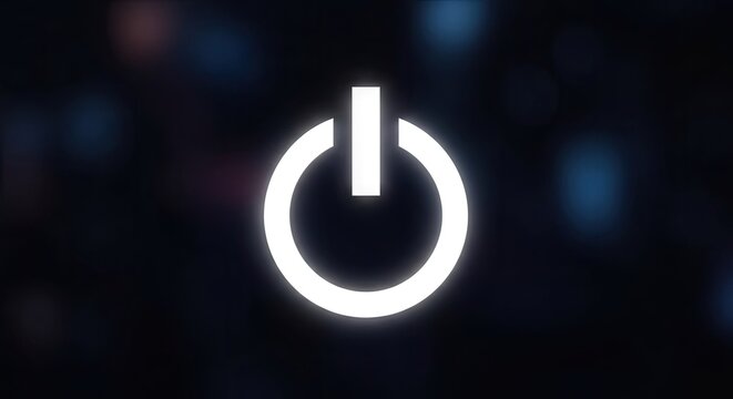 Glowing white power button symbol on dark background.