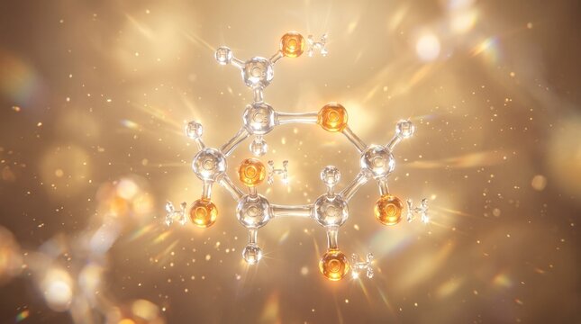 Glucose molecular structure illustration with transparent spheres and golden background