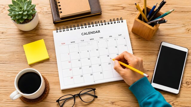 Hand marking a date on a calendar, surrounded by office supplies like a smartphone, glasses, coffee, notebook, and pens, signifying planning and organization for work or personal tasks