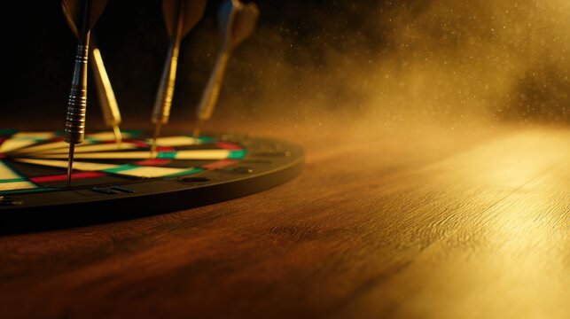 Darts poised above a colorful dartboard, with a misty atmosphere and warm wooden surface below