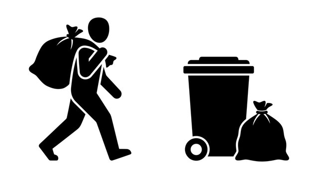 Person carrying trash bag walking towards garbage bin silhouette with waste management white background black and whit