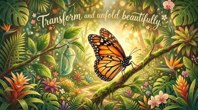 Monarch butterfly emerging from chrysalis in a lush, vibrant rainforest with inspirational text 'Transform and unfold beautifully.'