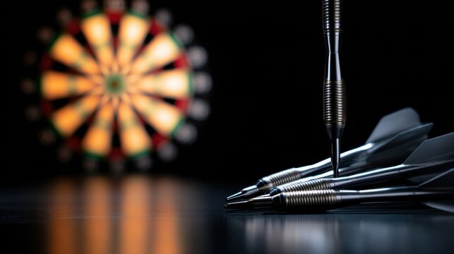 Close-up view of darts poised for a throw with a blurred dartboard in the background