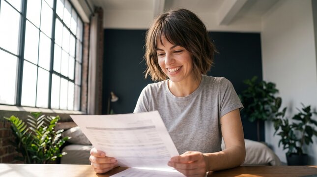Smiling young woman reviewing financial statement document at home wooden desk, managing family budget planning, analyzing investment income report, tax return, and accounting stability.