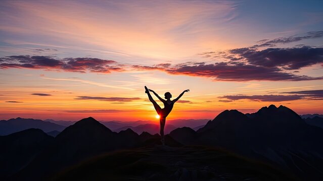 Silhouette of woman practicing yoga on mountain peak.