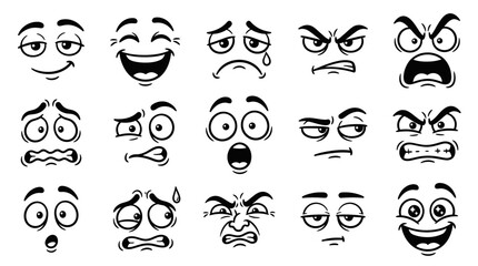 Fototapeta premium Collection of Cartoon Facial Expressions Illustrating Diverse Human Emotions on White