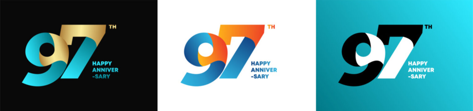97th happy anniversary typography logo collection with modern gradient design on black, white and blue gradient backgrounds. Editable color and vector.
