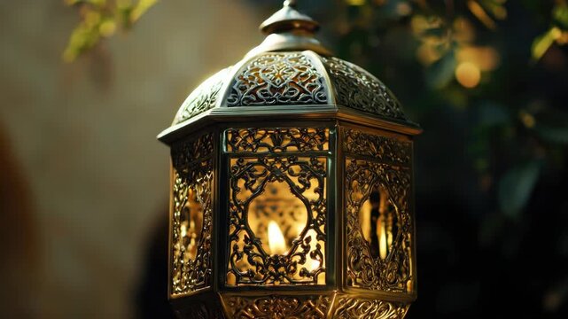 Ornate Moroccan Style Metal Lantern with Glowing Candle