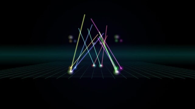 Abstract neon laser beams intersect dynamically over futuristic grid, glowing colorful lights creating a digital performance.