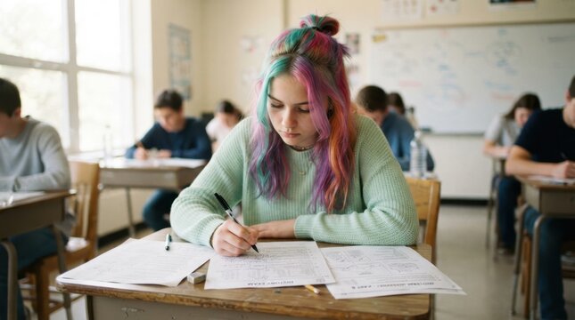 Focus and Determination: A focused student with vibrant, multi-colored hair diligently takes notes during a test in a classroom setting, surrounded by peers engrossed in their academic pursuits.