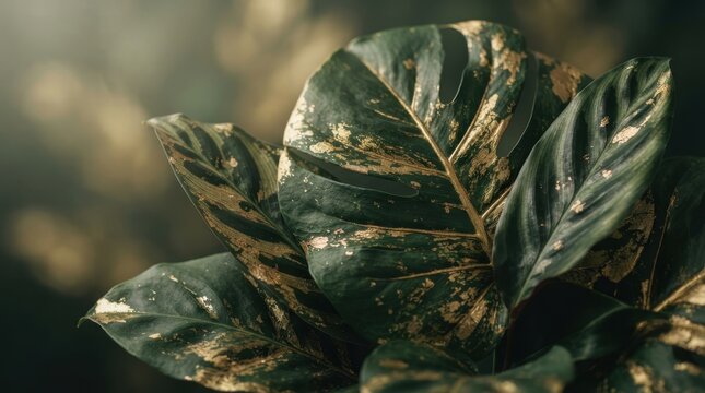 Exotic Foliage: Close-up of a striking Calathea plant with large, patterned leaves, featuring a rich blend of deep green and gold markings, bathed in soft, diffused light.