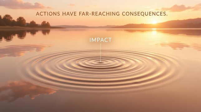 Ripples on calm water at sunset, illustrating impact and far-reaching consequences of actions