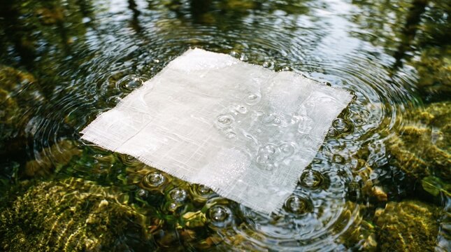 White fabric floats on the surface of clear water with ripples