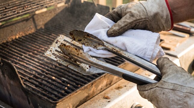 Grilling tongs being cleaned with a white cloth on a metal grate
