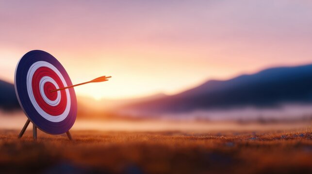 A vibrant archery target stands tall against a breathtaking sunset sky, with mountains in the distance