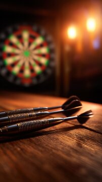 A close-up shot of darts resting on a wooden table in a dimly lit game room, with a dartboard