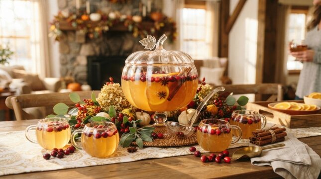 Autumnal Brew Delight: A festive autumn punch bowl, shaped like a pumpkin, overflows with spiced cider adorned with cranberries and citrus. Served in charming glasses.