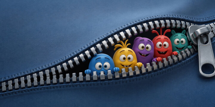 Colorful cartoon creatures peek from an open zipper. Space for text.