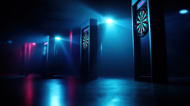 A dimly lit room featuring illuminated dartboards with vibrant blue and pink light effects