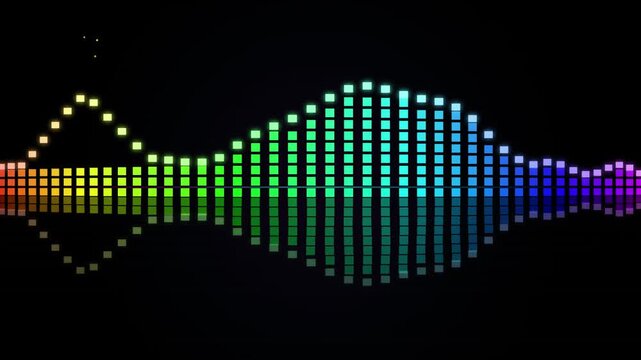 Rainbow digital audio equalizer wave with glowing colorful music spectrum frequency bars and a mirrored reflection on a dark black background