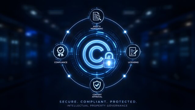 Futuristic digital copyright symbol with padlock and compliance UI representing intellectual property governance and secure DRM technology