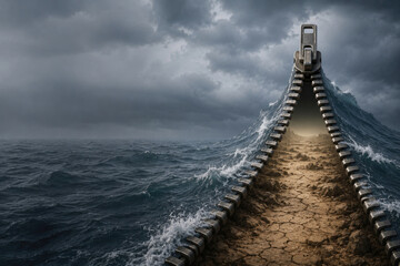 Fototapeta premium Giant metal zipper opens stormy ocean waves onto cracked dry land. Space for text.