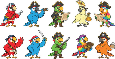 Obraz premium Pirate parrot cartoon vector illustration set, colorful bird characters with costumes, playful fantasy animal design