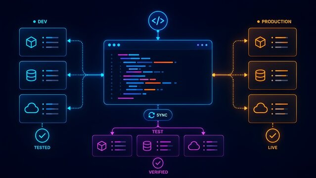 Continuous integration and deployment software development lifecycle diagram with glowing neon code interface