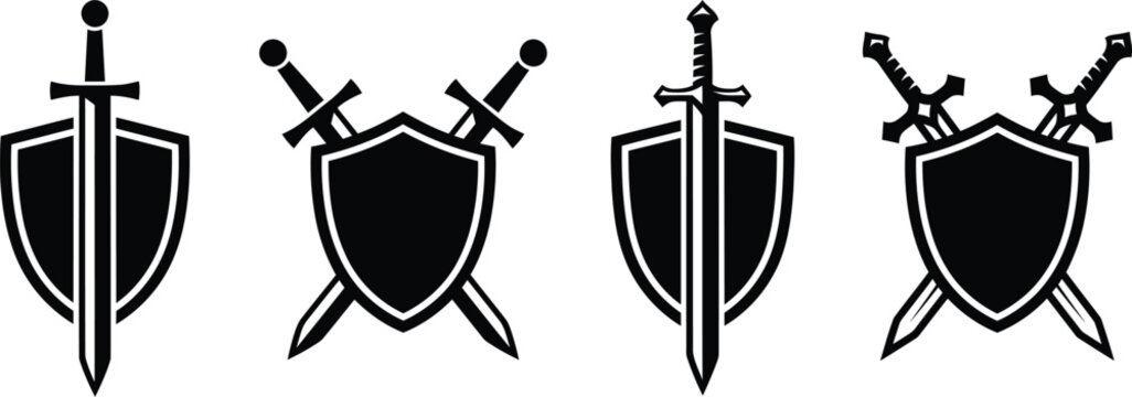 Set of four black and white heraldic shield and sword icons for medieval game design elements