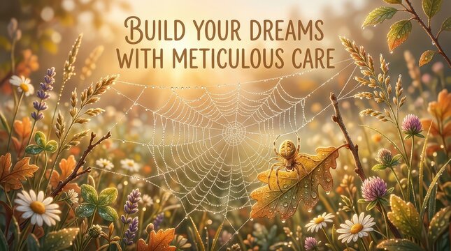 Spiderweb with dew drops and a spider on a leaf, surrounded by wildflowers, with motivational text "Build Your Dreams With Meticulous Care" in the bac