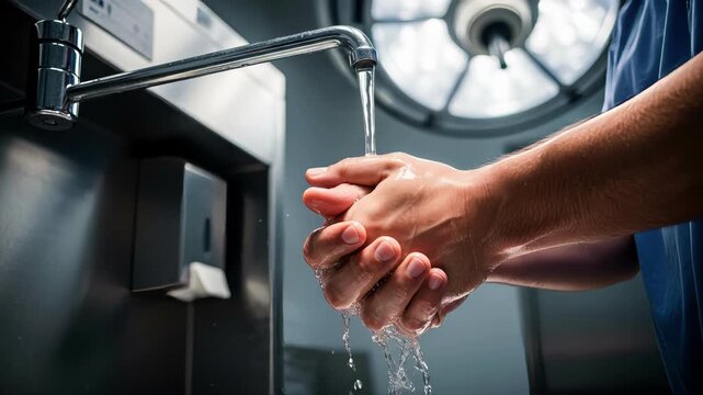 Surgeon washing hands under running water in a hospital sink. Close-up of medical professional rubbing hands together for surgical preparation. Sterile hygiene protocol
