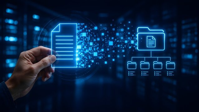 Electronic document management system concept displaying digital file sorting into organized virtual network folders
